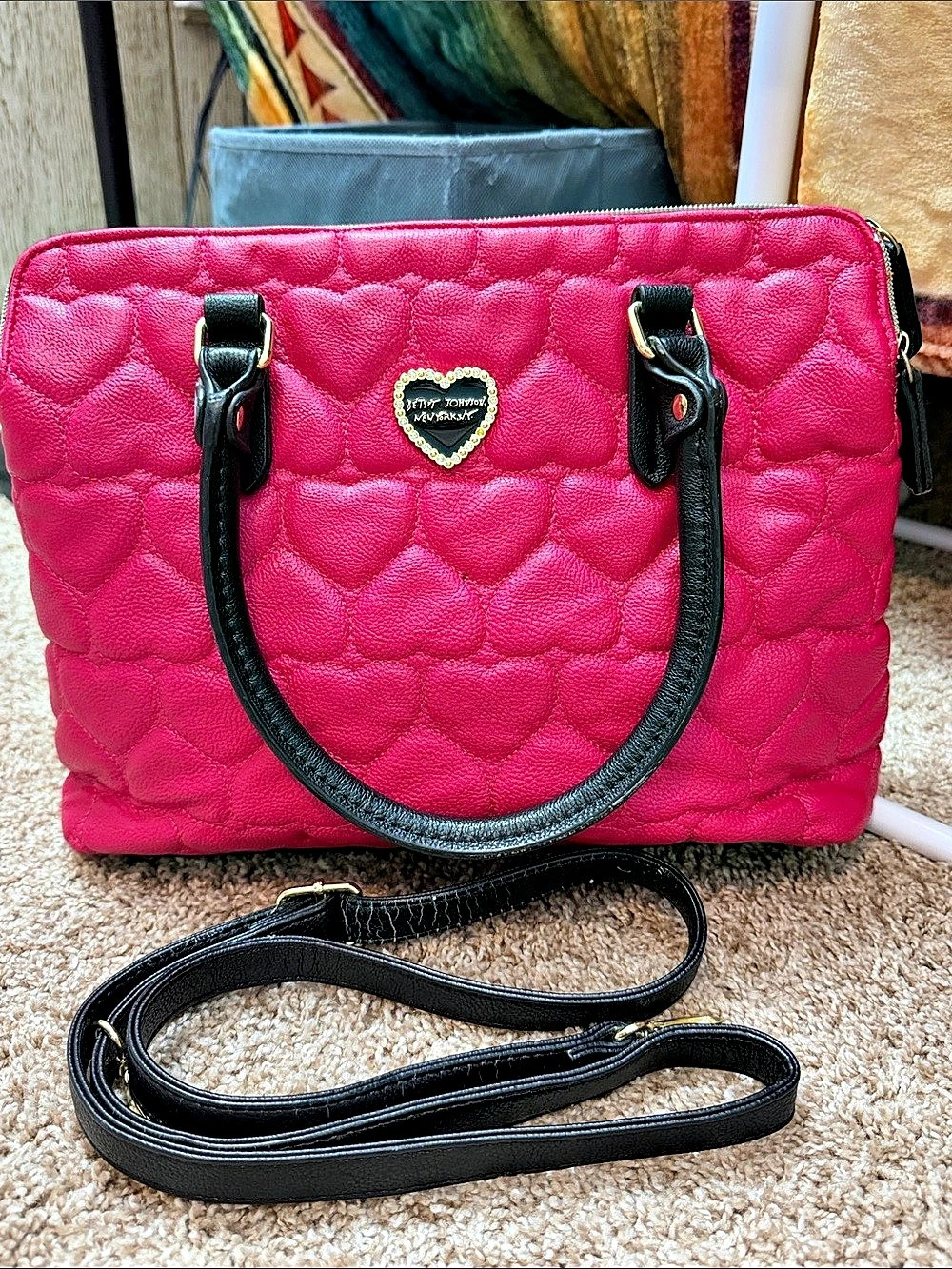 Betsey Johnson Heart Quilted Satchel Tote in Pink & Black